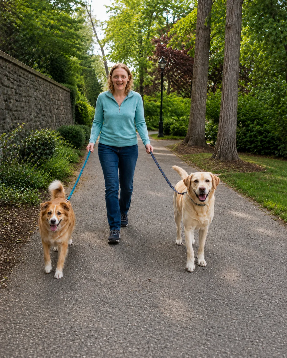 Libby walking two happy dogs on a leafy local path