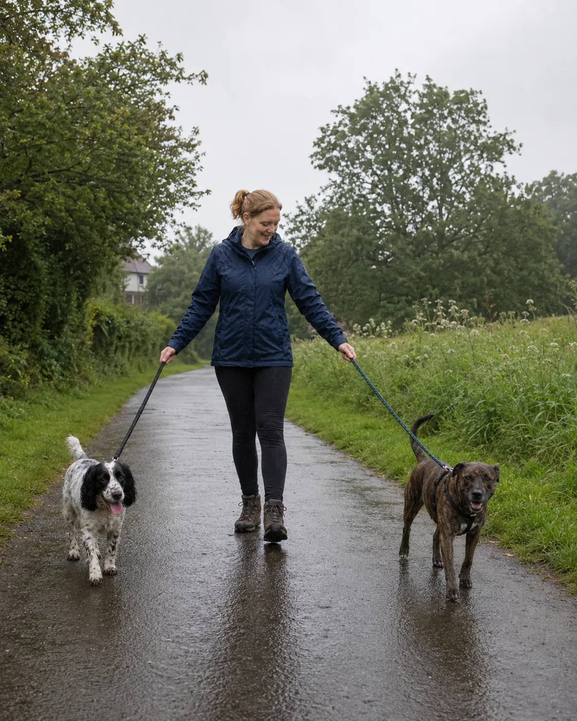 Libby walking two dogs on a rainy country path