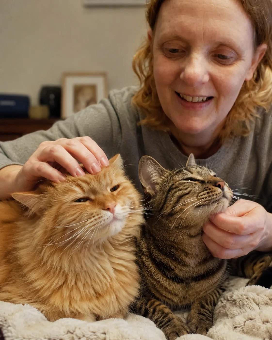 Libby relaxing with two content cats