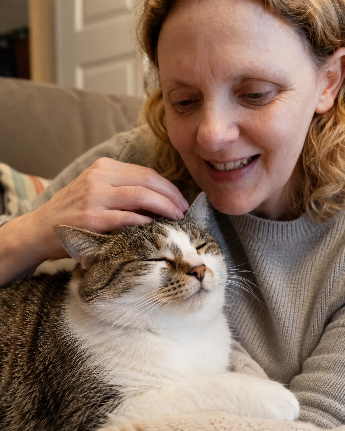 Libby gently stroking a relaxed cat