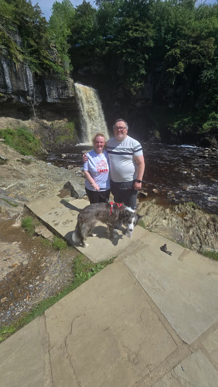 Dog and owners beside a waterfall